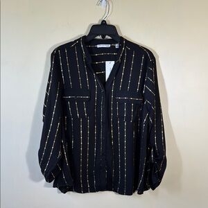 Notations Blouse Black & Gold Button Front Split Collar in Sizes 1X, 2X , 3X NWT